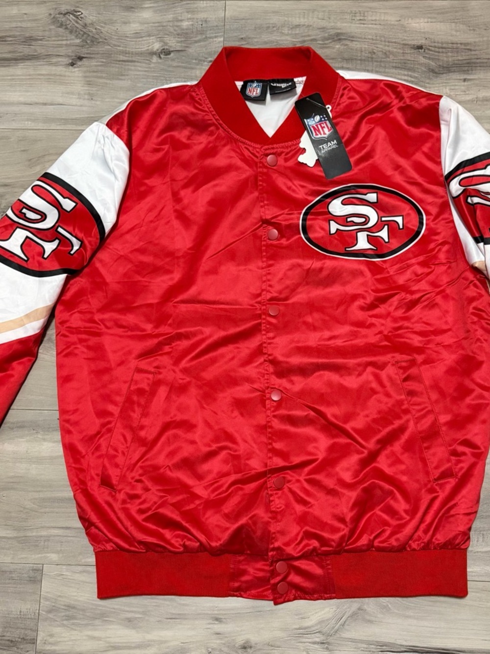 NFL San Francisco 49ers Red and White Satin Varsity Jacket